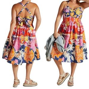 Maeve By Anthropologie Womens Vibrant Floral Bow Back Midi Dress Plus Size 22W